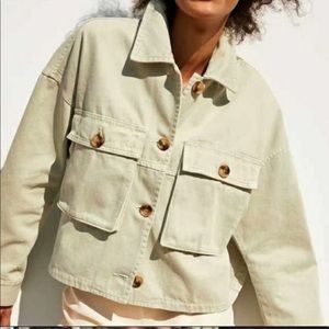 Zara green jean jacket w/ tortoise shell buttons